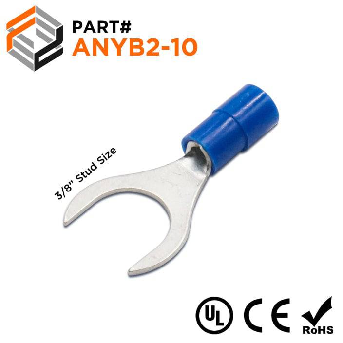 ANYB2-10 - 16 to 14 AWG Nylon Insulated Fork Terminals, 3/8" Stud, Blue, 100 Pieces
