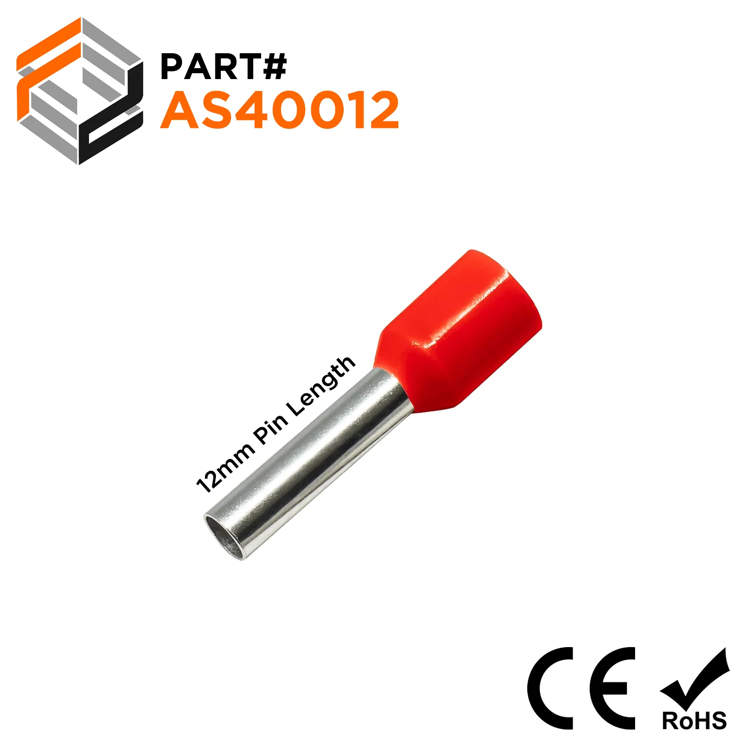 AS40012RD - 12 AWG Insulated Wire Ferrules, 12mm Pin, Red, 500 Pieces