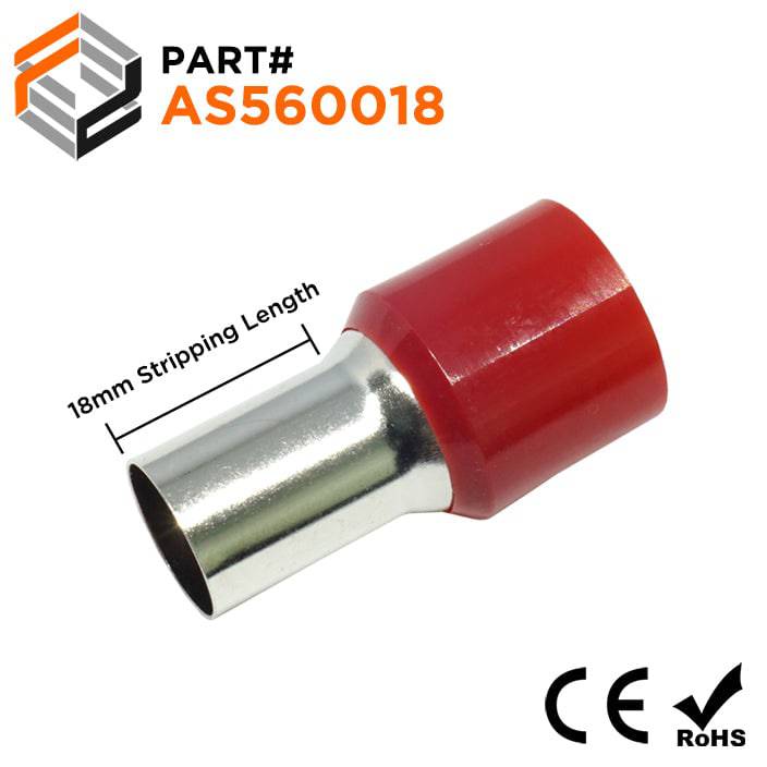 AS560018 - 0 & 1/0 AWG Single Insulated Wire Ferrules, 18mm Pin, Red, 25 Pieces