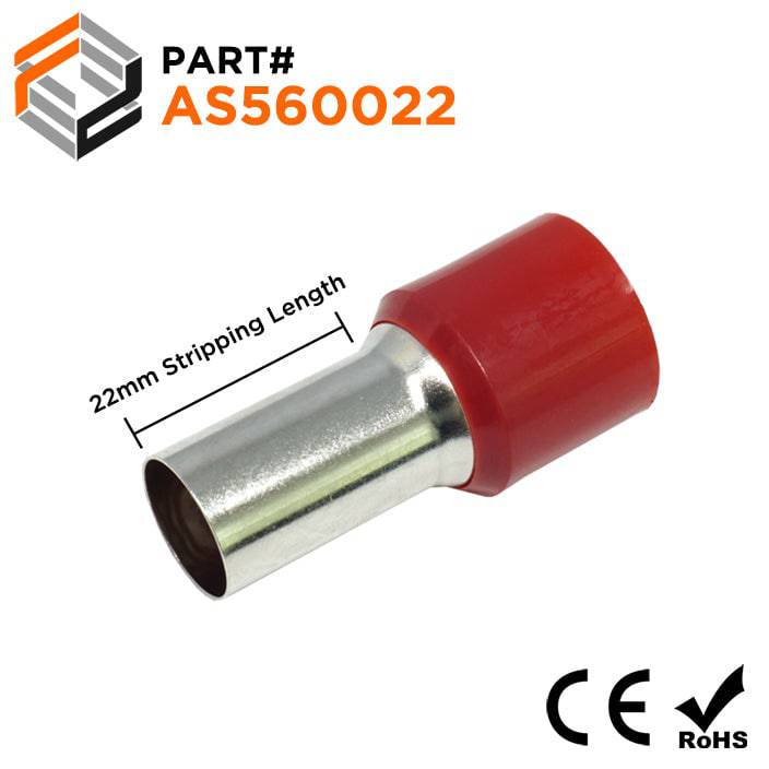 AS560022 - 0 & 1/0 AWG Single Insulated Wire Ferrules, 22mm Pin, Red, 25 Pieces