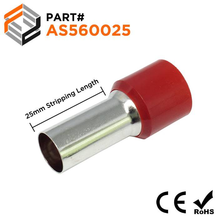 AS560025 - 0 & 1/0 AWG Single Insulated Wire Ferrules, 25mm Pin, Red, 25 Pieces