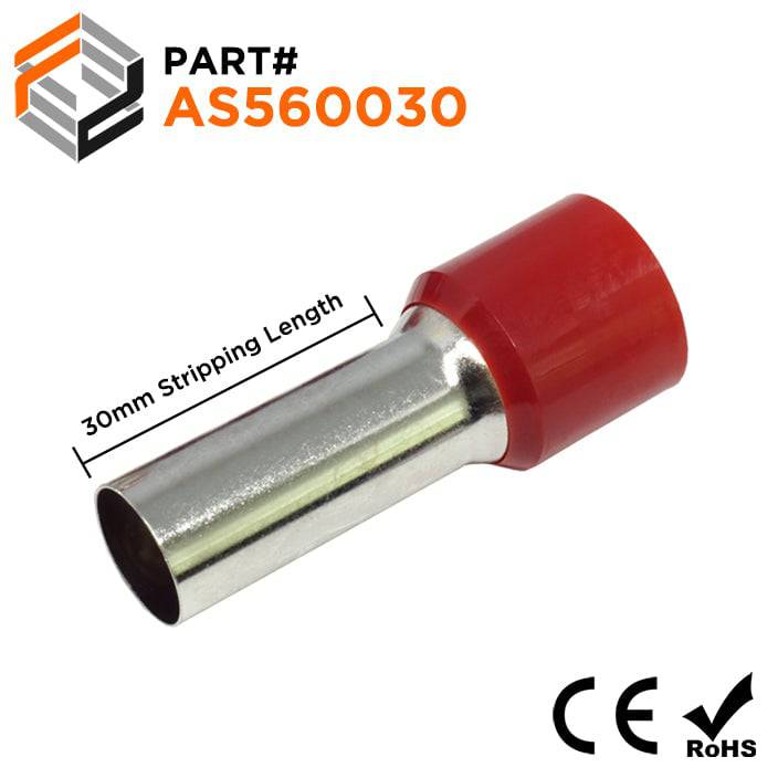 AS560030 - 0 & 1/0 AWG Single Insulated Wire Ferrules, 30mm Pin, Red, 25 Pieces
