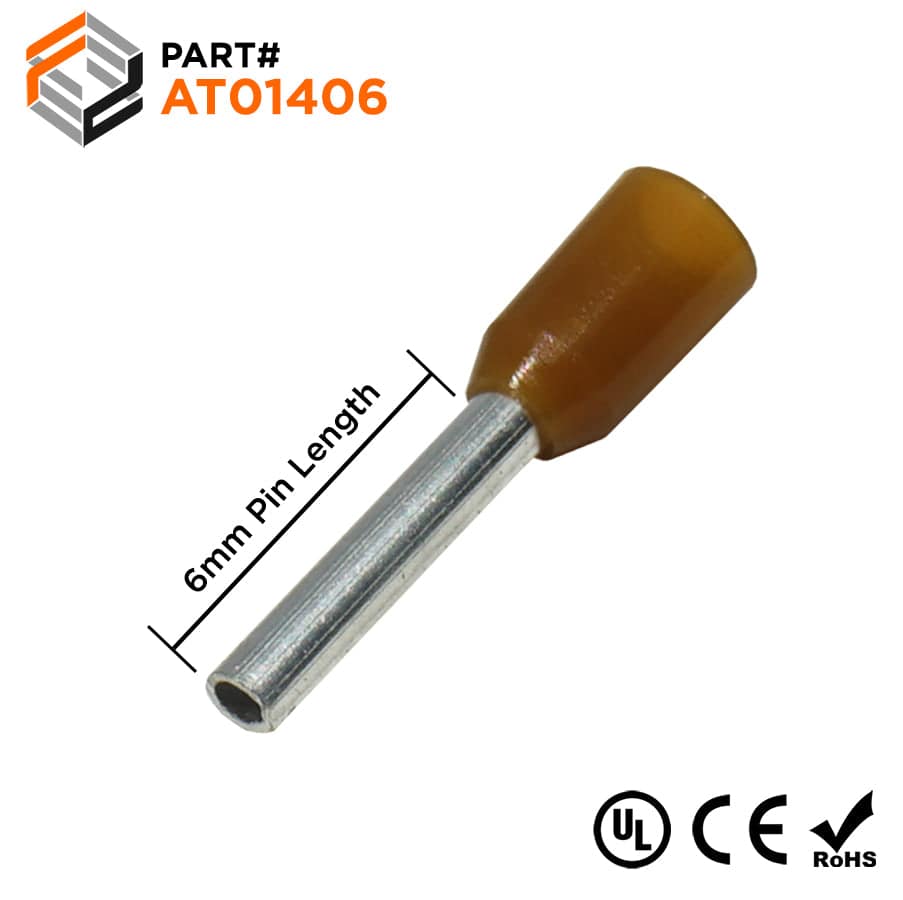 AT01406 - 26 AWG Insulated Wire Ferrules, 6mm Pin, Brown, 500 Pieces