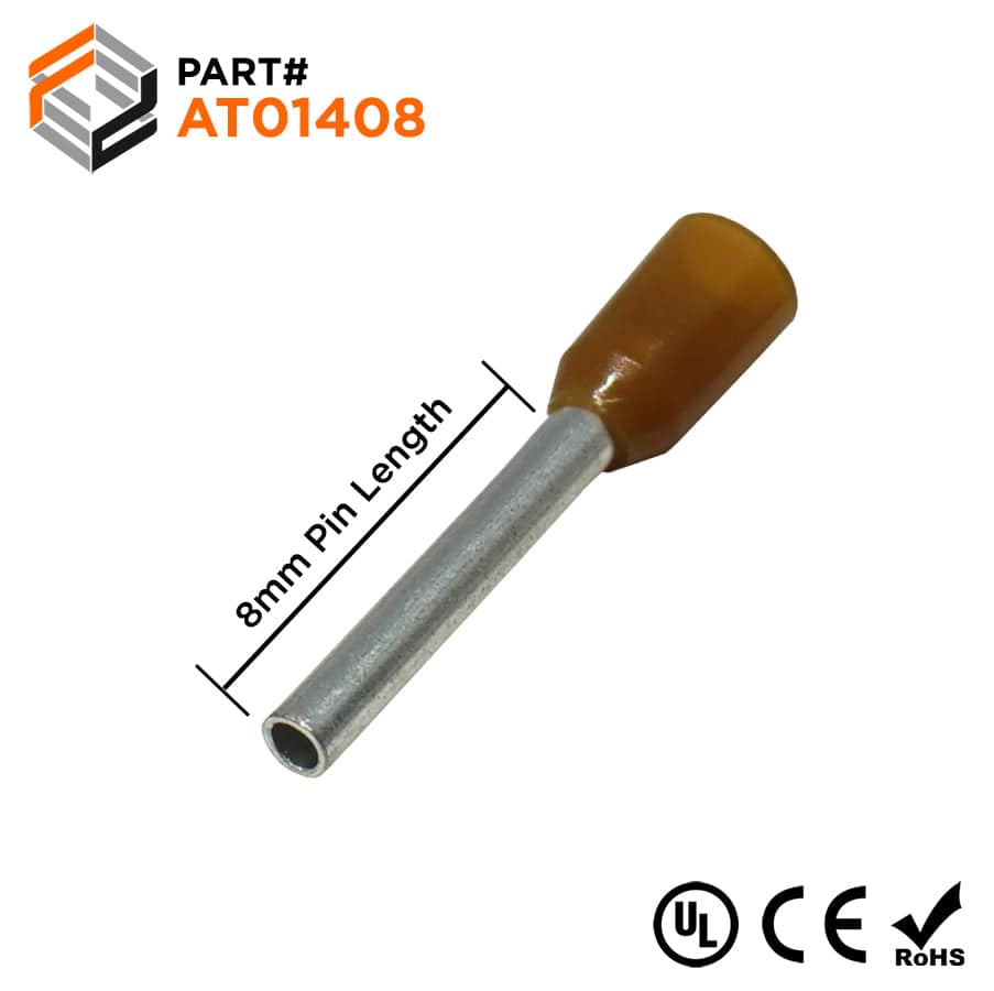 AT01408 - 26 AWG Insulated Wire Ferrules, 8mm Pin, Brown, 500 Pieces