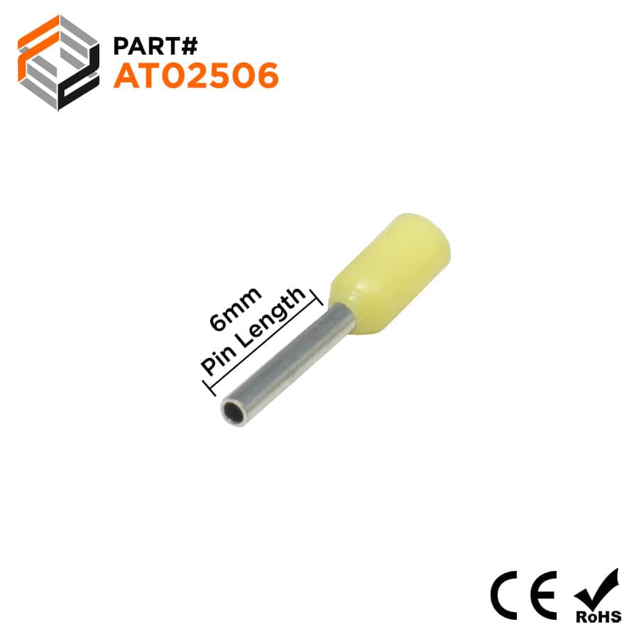 AT02506 - 24 AWG Single Insulated Wire Ferrules, 6mm Pin, Yellow, 500 Pieces