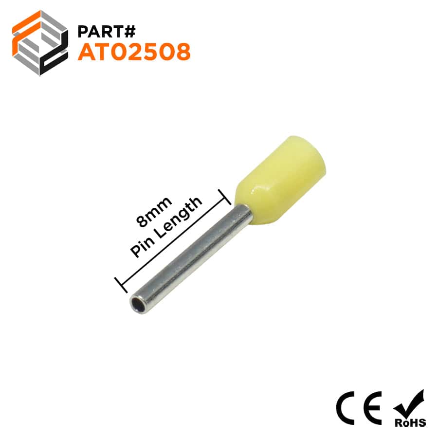 AT02508 - 24 AWG Single Insulated Wire Ferrules, 8mm Pin, Yellow, 500 Pieces