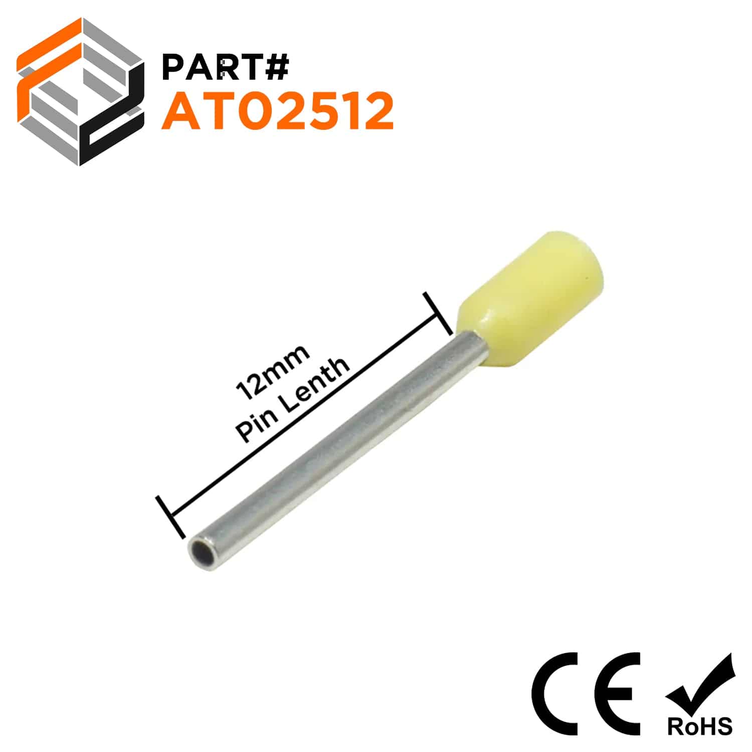 AT02512 - 24 AWG Single Insulated Wire Ferrules, 12mm Pin, Yellow, 500 Pieces