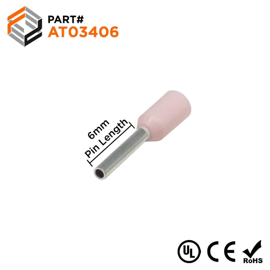 AT03406 - 22 & 24 AWG Single Insulated Wire Ferrules, 6mm Pin, Pink, UL Recognized, 500 Pieces