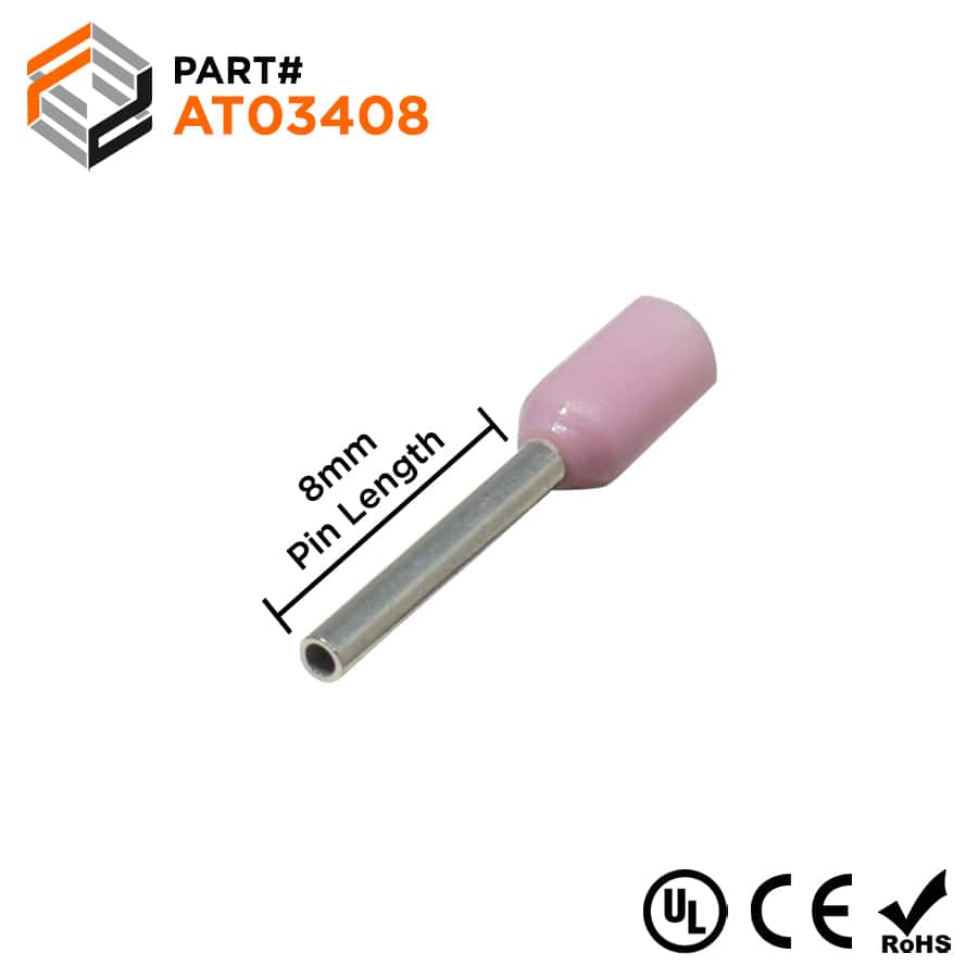 AT03408 - 22 & 24 AWG Single Insulated Wire Ferrules, 8mm Pin, Pink, UL Recognized, 500 Pieces