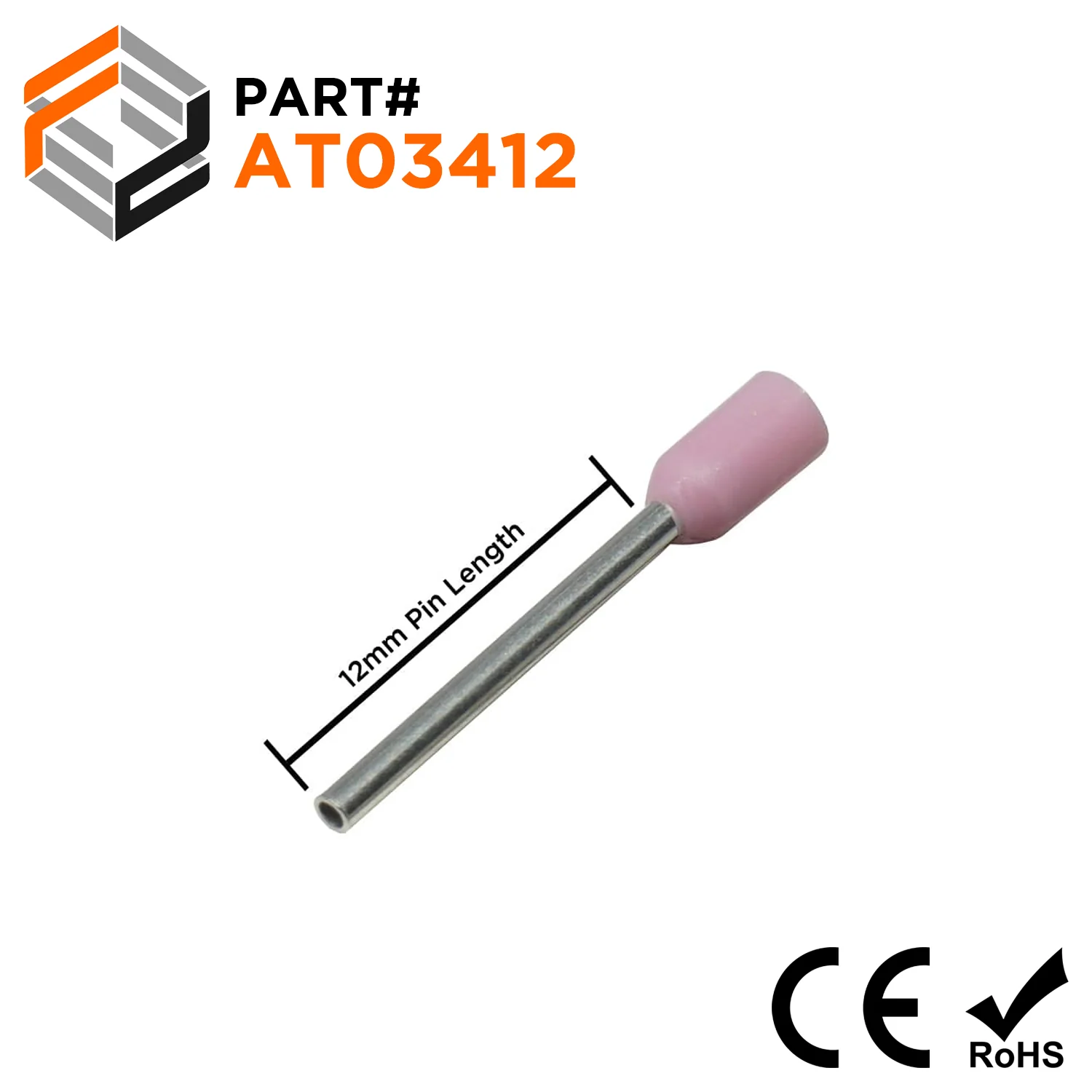 AT03412 - 22 & 24 AWG Single Insulated Wire Ferrules, 12mm Pin, Pink, 500 Pieces