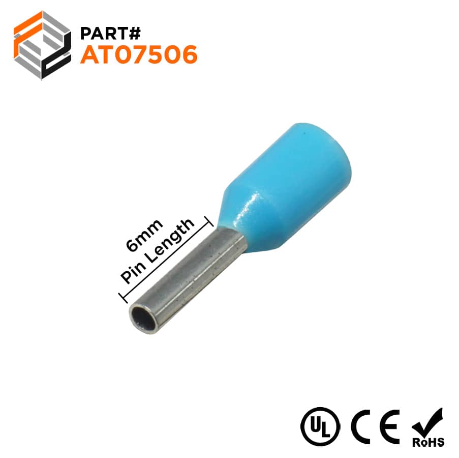 AT07506 - 20 & 18 AWG Single Insulated Wire Ferrules, 6mm Pin, Light Blue, UL Recognized, 500 Pieces