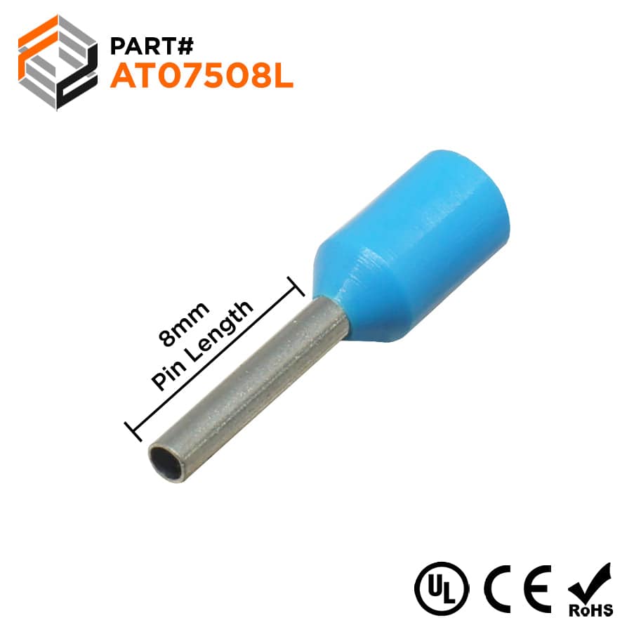AT07508L - 20 & 18 AWG Single Insulated Wire Ferrules, 8mm Pin, Light Blue, Wide Collar, UL Recognized, 500 Pieces