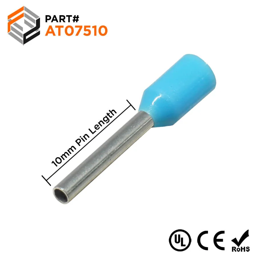 AT07510 - 20 & 18 AWG Single Insulated Wire Ferrules, 10mm Pin, Light Blue, UL Recognized, 500 Pieces