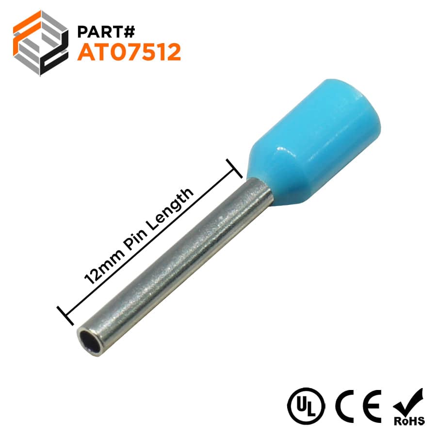 AT07512 - 20 & 18 AWG Single Insulated Wire Ferrules, 12mm Pin, Light Blue, UL Recognized, 500 Pieces