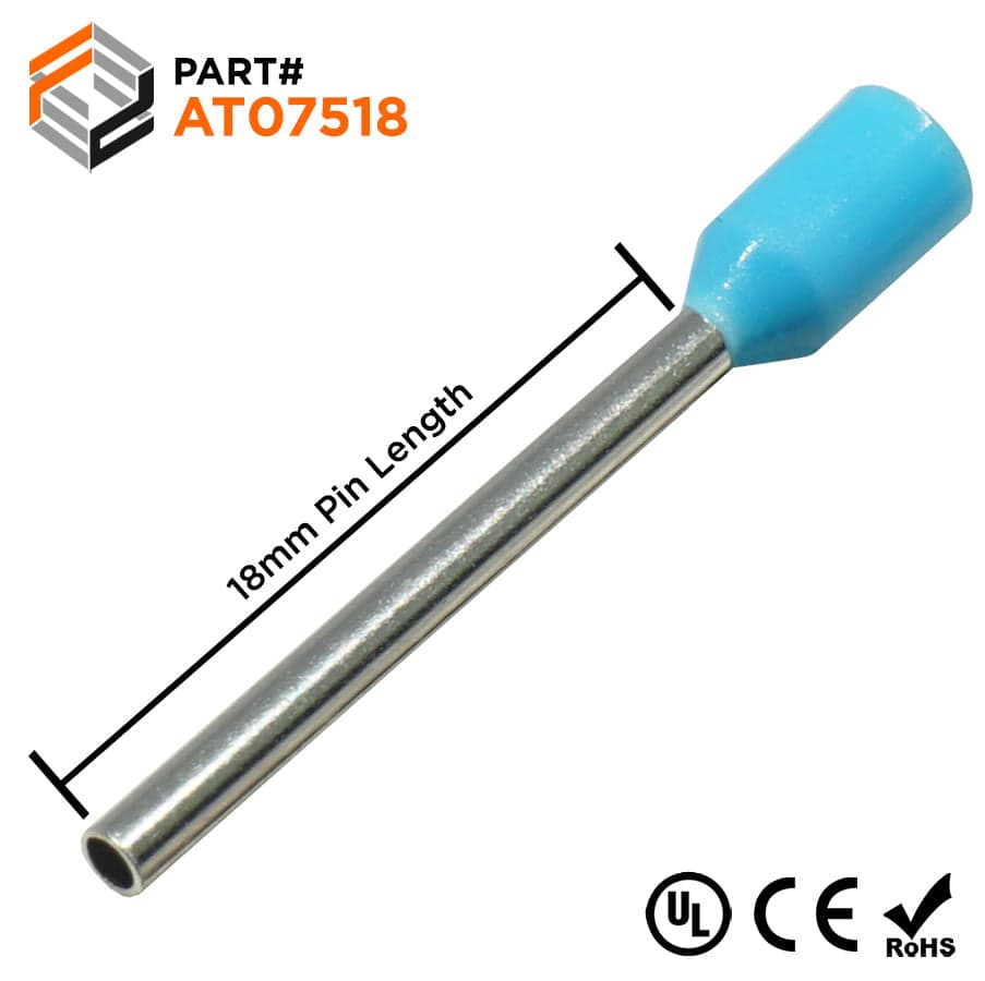 AT07518 - 20 & 18 AWG Single Insulated Wire Ferrules, 18mm Pin, Light Blue, UL Recognized, 500 Pieces