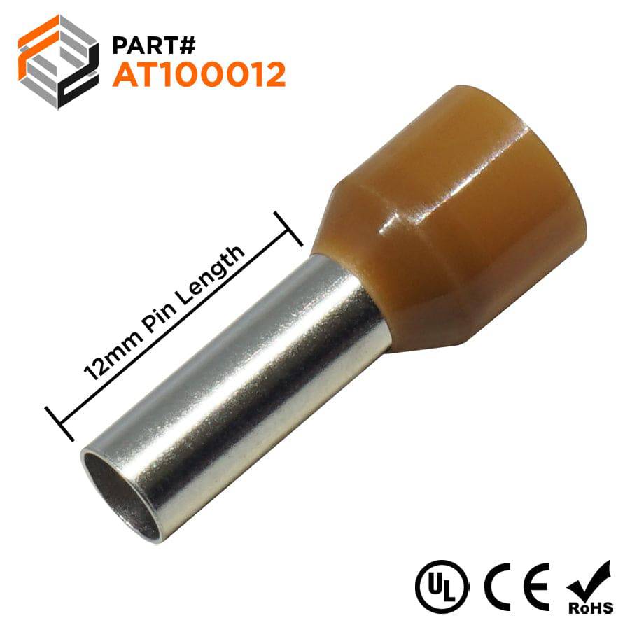 AT100012 - 8 AWG Insulated Wire Ferrules, 12mm Pin, Brown, UL Recognized, 100 Pieces