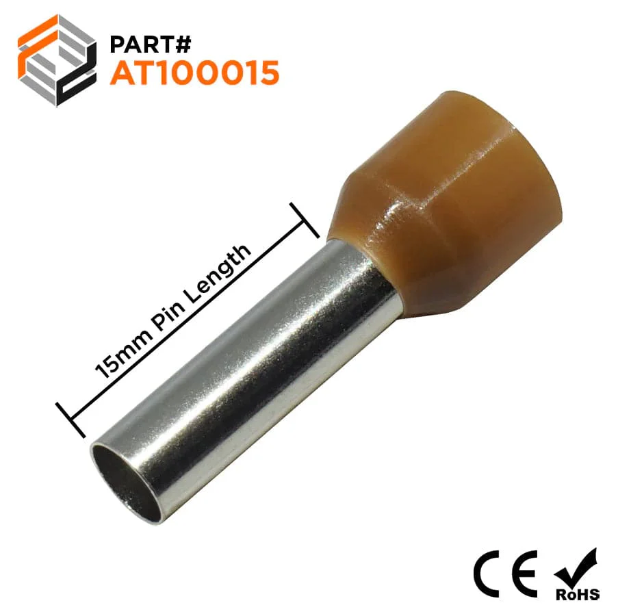 AT100015 - 8 AWG Insulated Wire Ferrules, 15mm Pin, Brown, 100 Pieces