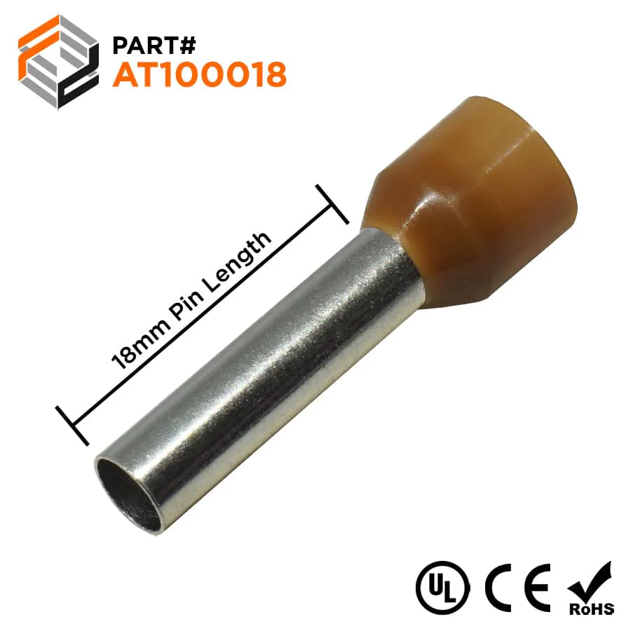 AT100018 - 8 AWG Insulated Wire Ferrules, 18mm Pin, Brown, UL Recognized, 100 Pieces