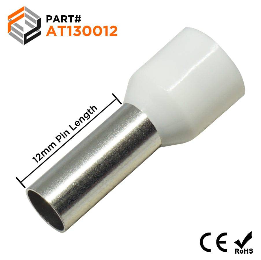 AT130012 - 6 AWG (Small Diameter) Insulated Wire Ferrules, 12mm Pin, White, 100 Pieces