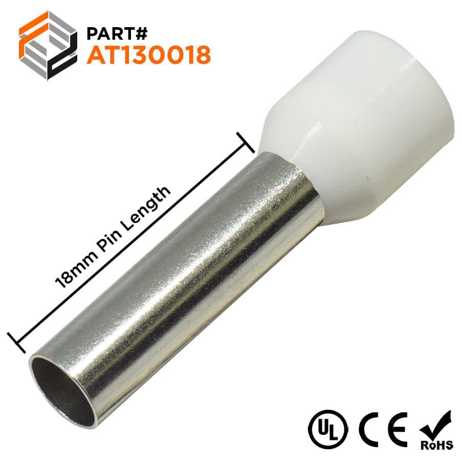 AT130018 - 6 AWG (Small Diameter) Insulated Wire Ferrules, 18mm Pin, White, 100 Pieces