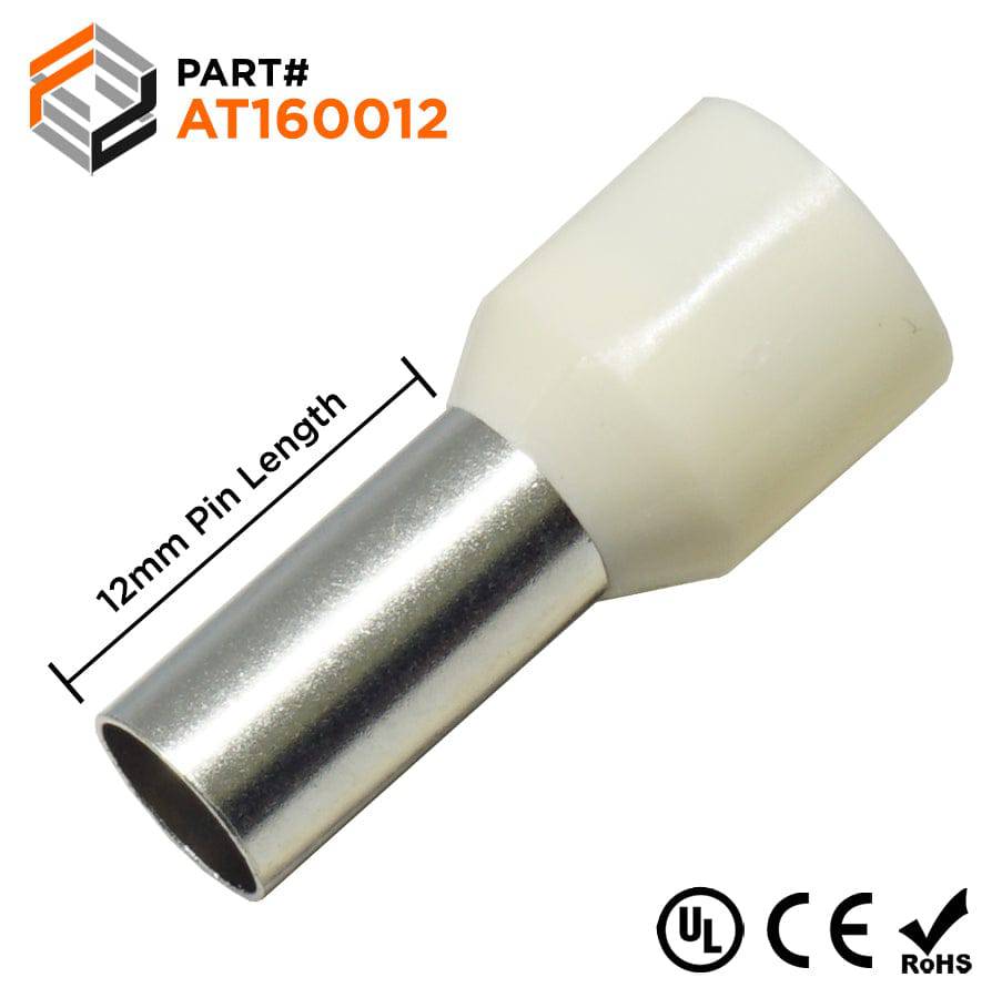 AT160012 - 6 AWG Insulated Wire Ferrules, 12mm Pin, White, UL Recognized, 100 Pieces