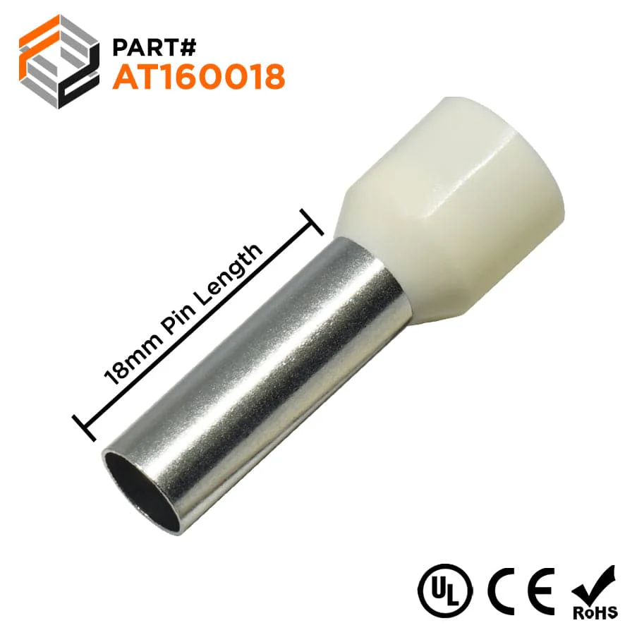 AT160018 - 6AWG Insulated Wire Ferrules, 18mm Pin, White, UL Recognized, 100 Pieces