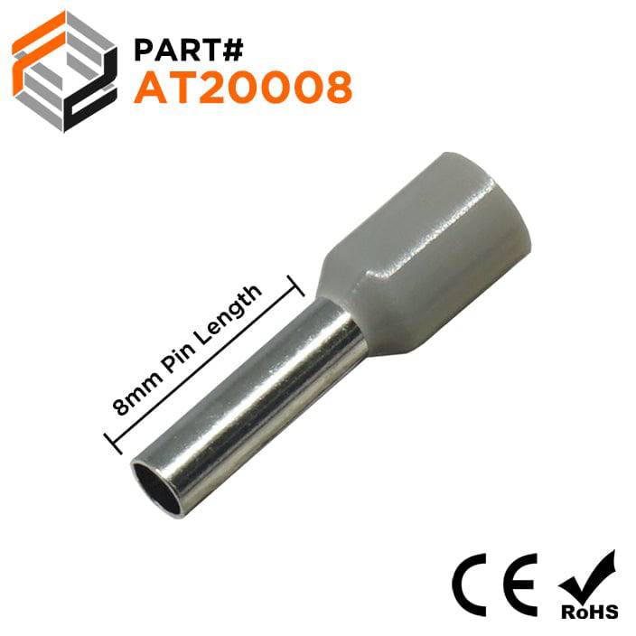 AT20008 - 14 AWG (Small Diameter) Insulated Wire Ferrules, 8mm Pin, Gray, 500 Pieces