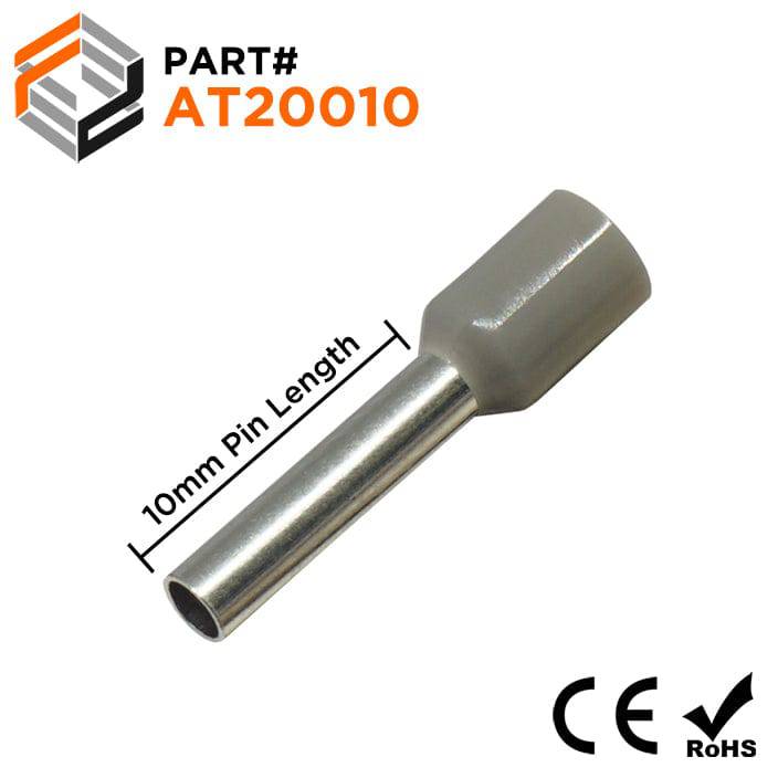 AT20010 - 14 AWG (Small Diameter) Insulated Wire Ferrules, 10mm Pin, Gray, 500 Pieces