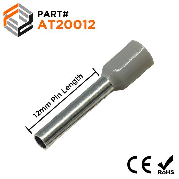 AT20012 - 14 AWG (Small Diameter) Insulated Wire Ferrules, 12mm Pin, Gray, 500 Pieces