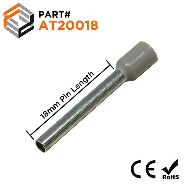 AT20018 - 14 AWG (Small Diameter) Insulated Wire Ferrules, 18mm Pin, Gray, 500 Pieces
