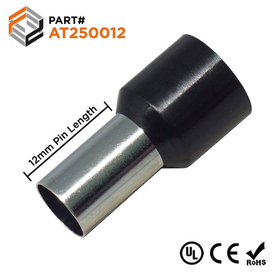 AT250012 - 4 AWG Insulated Wire Ferrules, 12mm Pin, Black, UL Recognized, 100 Pieces