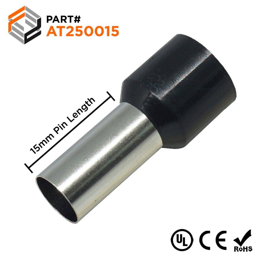 AT250015 - 4 AWG Insulated Wire Ferrules, 15mm Pin, Black, UL Recognized, 100 Pieces