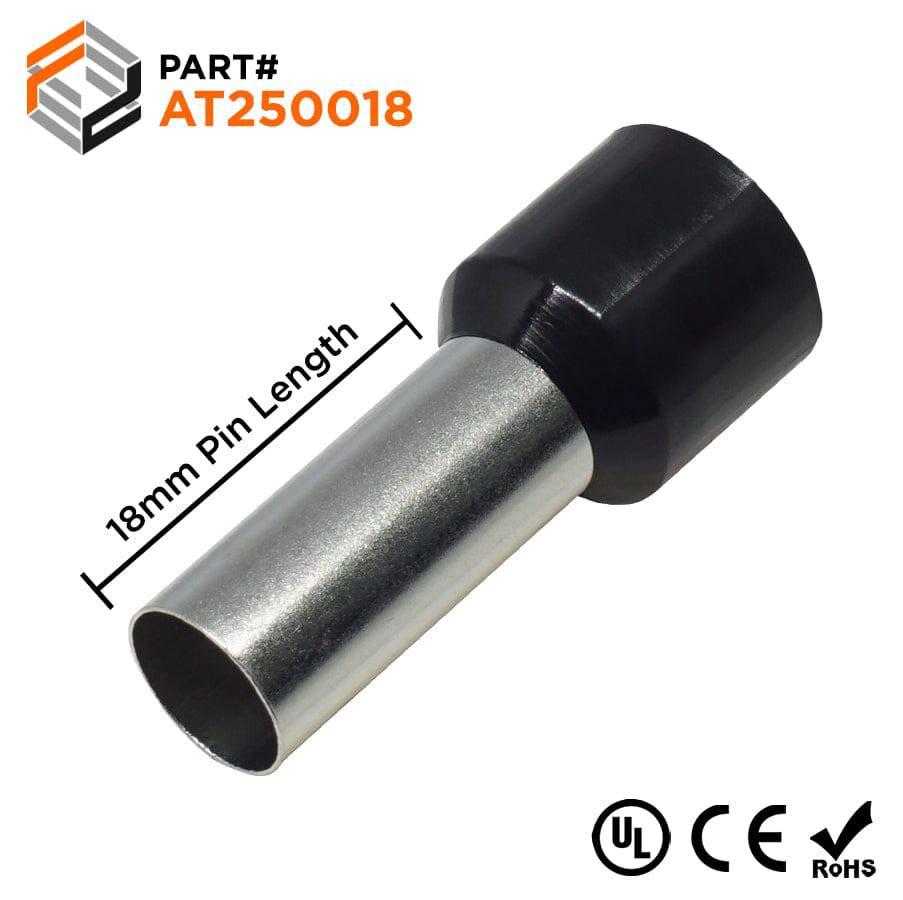 AT250018 - 4 AWG Insulated Wire Ferrules, 18mm Pin, Black, UL Recognized, 100 Pieces