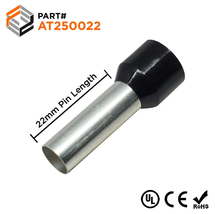 AT250022 - 4 AWG Insulated Wire Ferrules, 22mm Pin, Black, UL Recognized, 100 Pieces