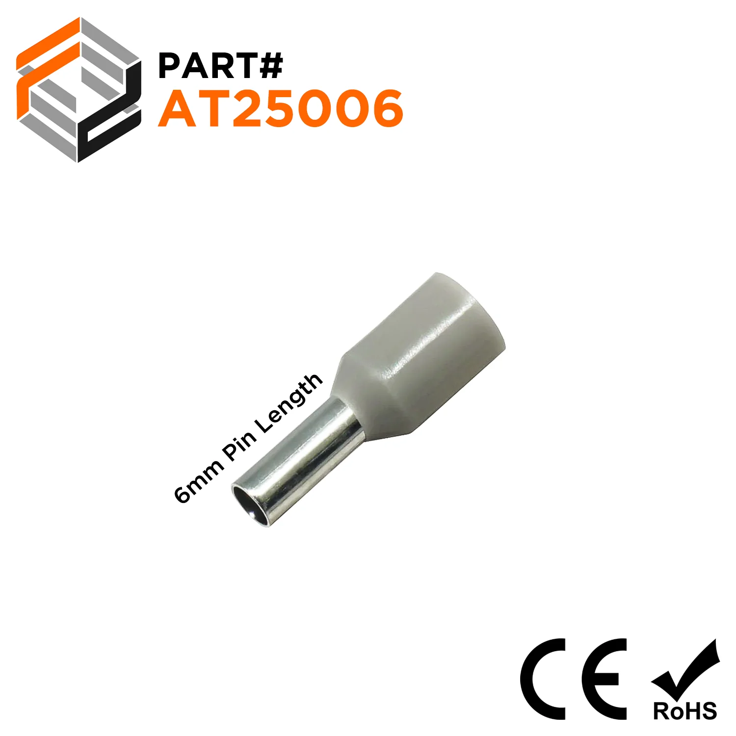 AT25006 - 14 AWG Insulated Wire Ferrules, 6mm Pin, Gray, 500 Pieces