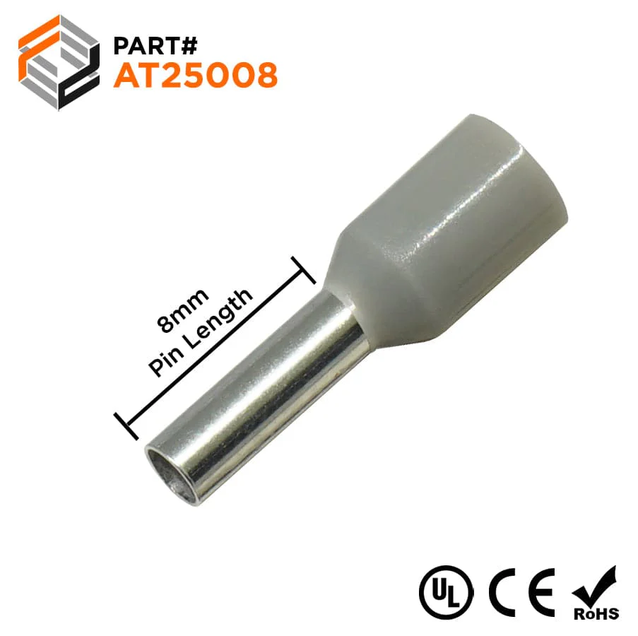 AT25008 - 14 AWG Insulated Wire Ferrules, 8mm Pin, Gray, UL Recognized, 500 Pieces