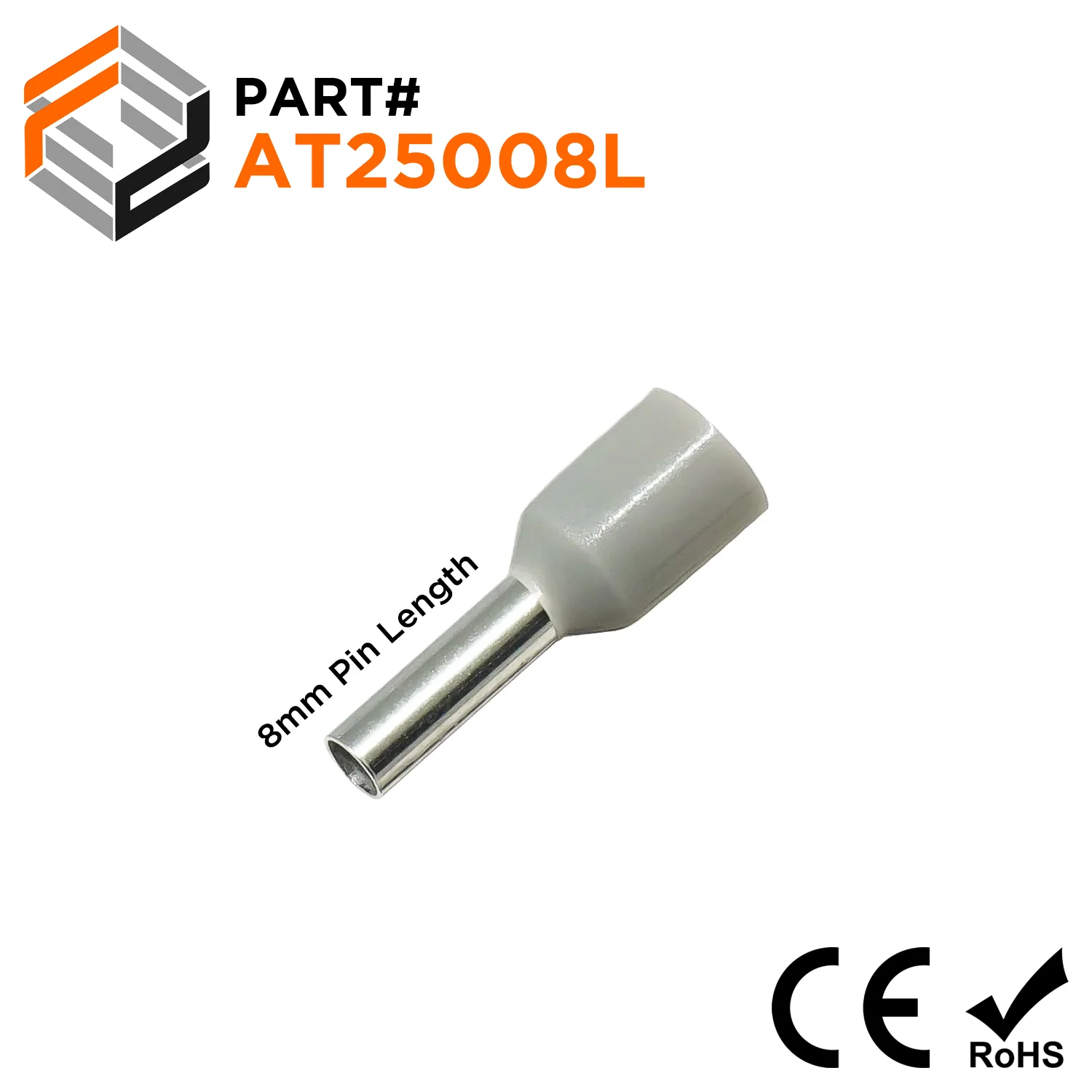 AT25008L - 14 AWG Insulated Wire Ferrules, 8mm Pin, Gray, Wide Collar, 500 Pieces