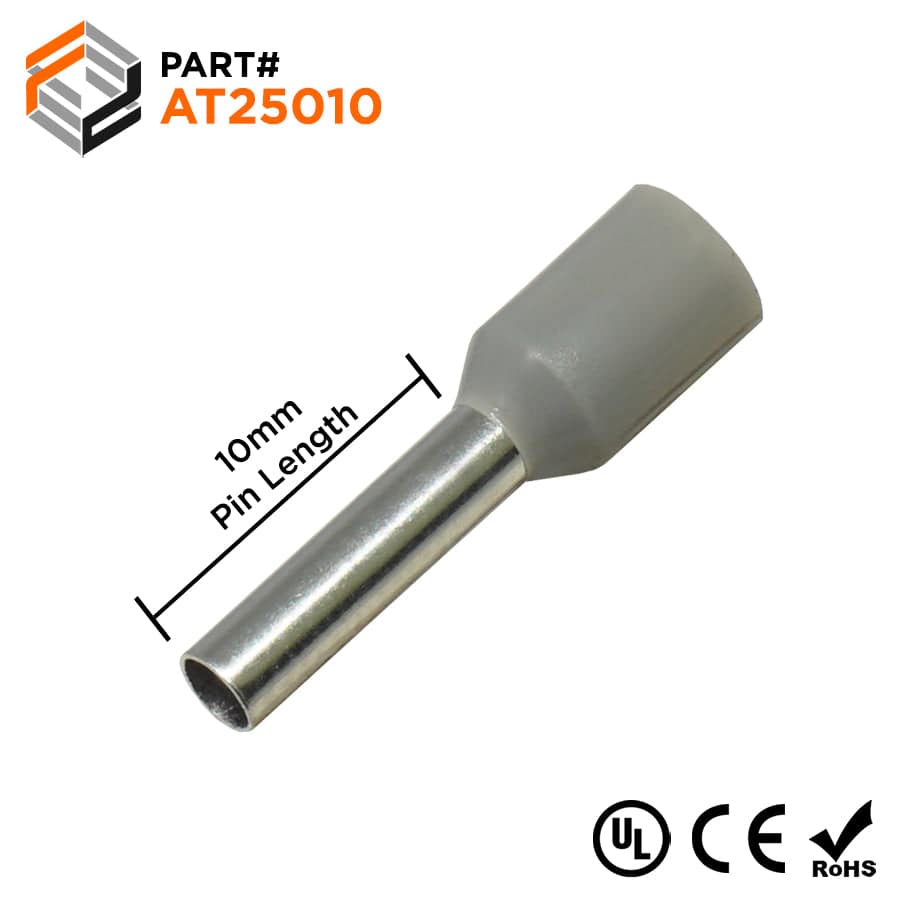 AT25010 - 14 AWG Insulated Wire Ferrules, 10mm Pin, Gray, UL Recognized, 500 Pieces