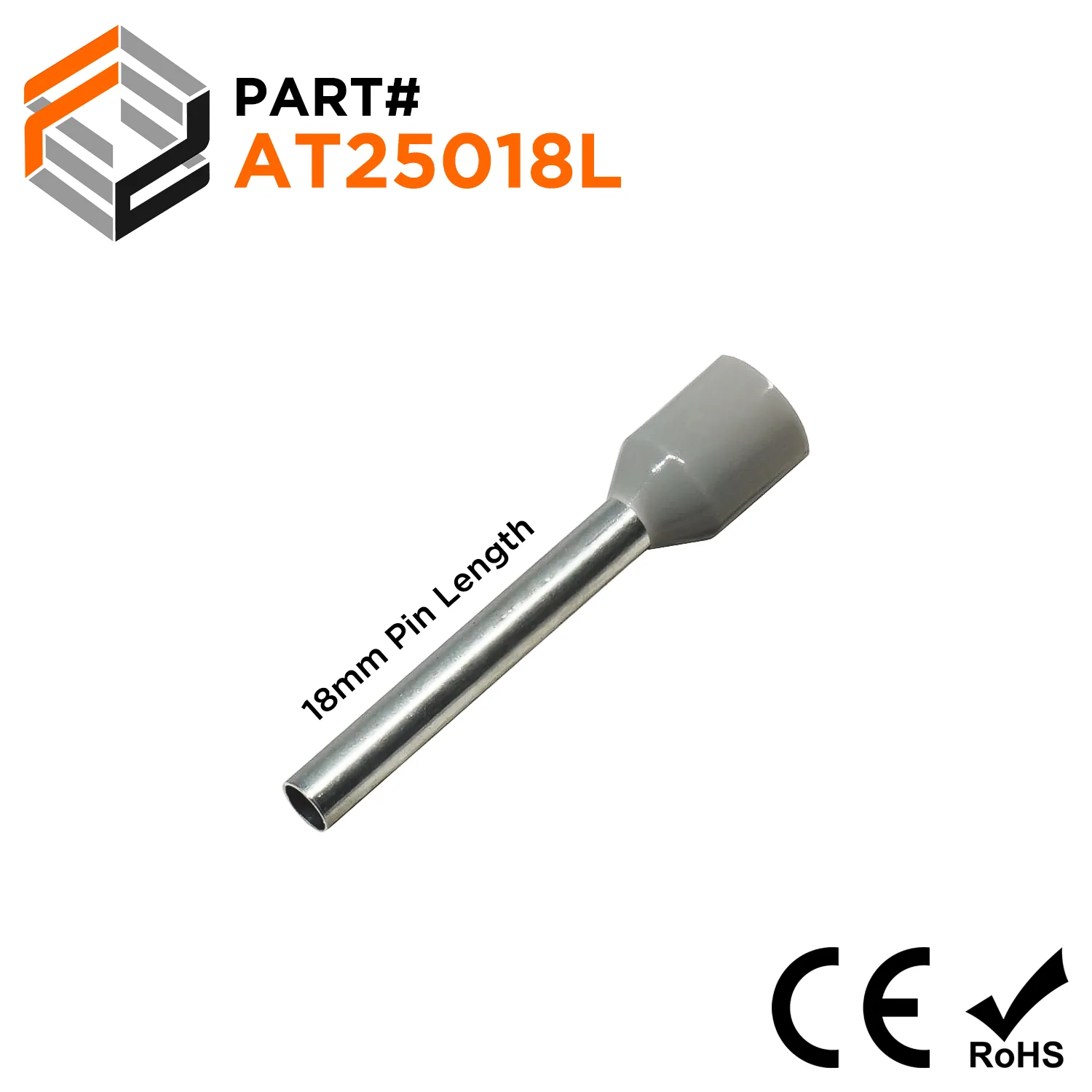 AT25018L - 14 AWG Insulated Wire Ferrules, 18mm Pin, Gray, Wide Collar, 500 Pieces