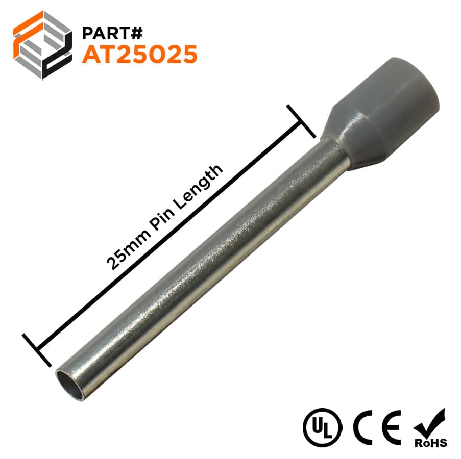 AT25025 - 14 AWG Insulated Wire Ferrules, 25mm Pin, Gray, UL Recognized, 500 Pieces