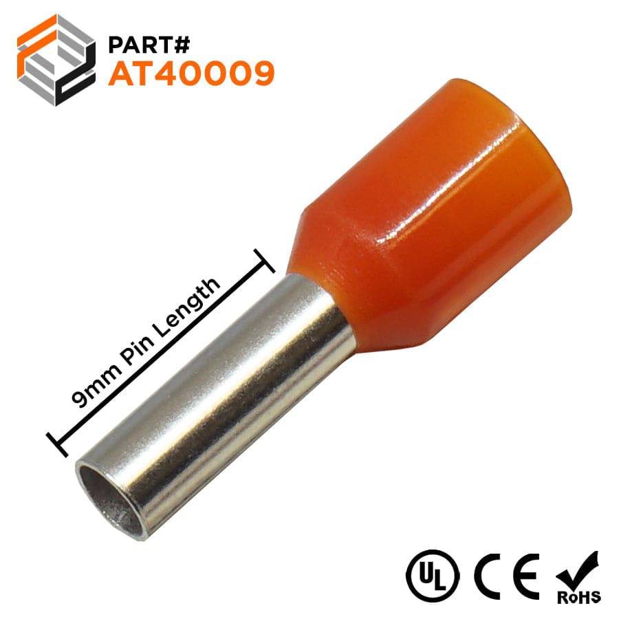 AT40009 - 12 AWG Insulated Wire Ferrules, 9mm Pin, Orange, UL Recognized, 500 Pieces