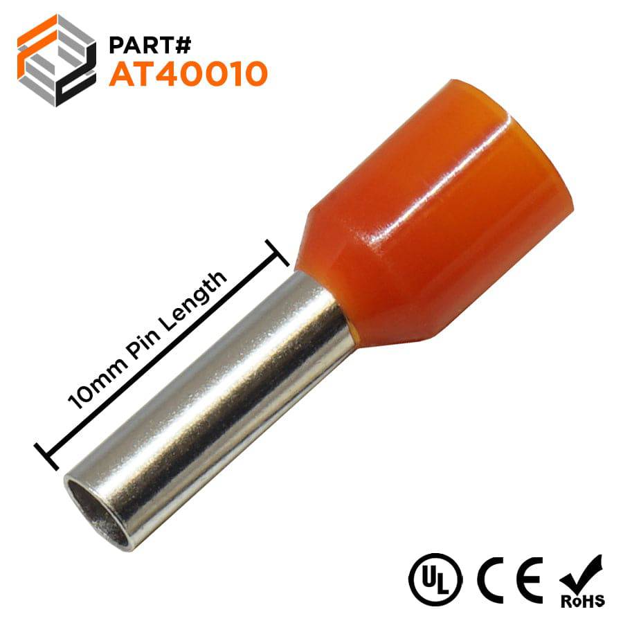 AT40010 - 12 AWG Insulated Wire Ferrules, 10mm Pin, Orange, UL Recognized, 500 Pieces