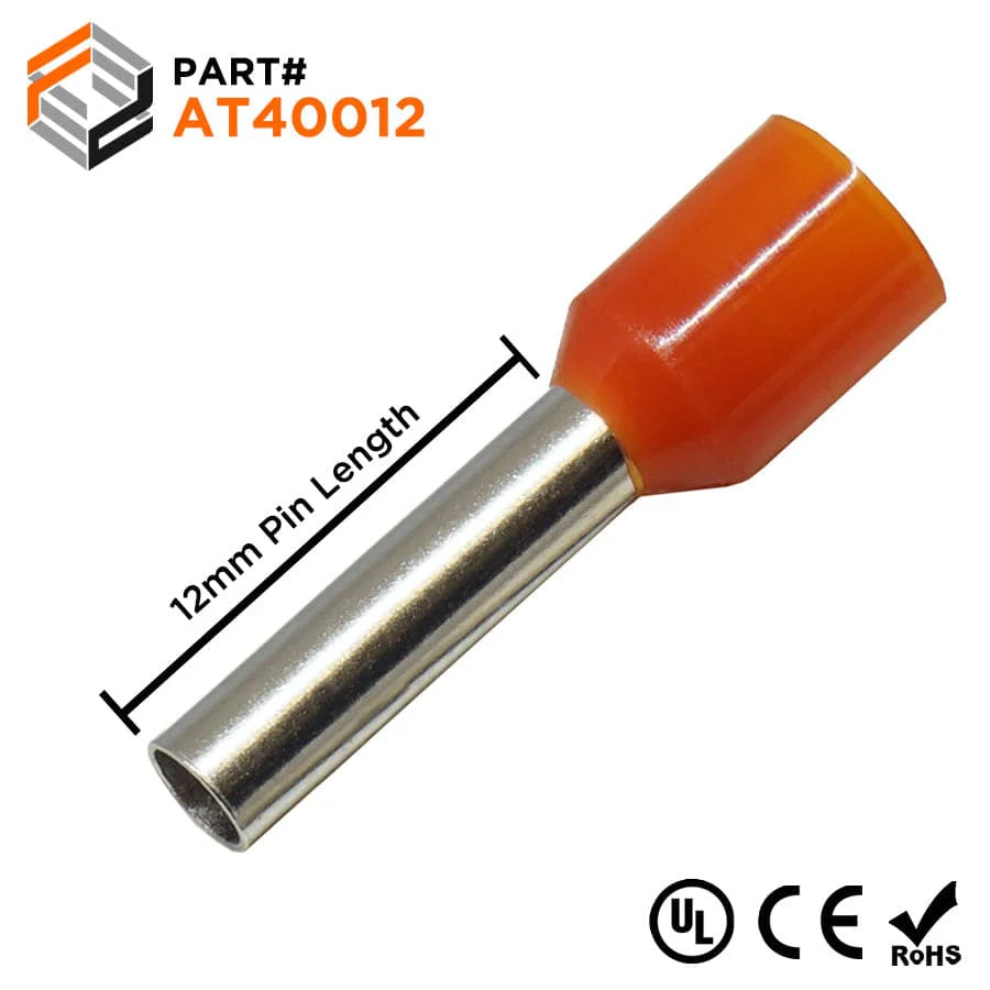 AT40012 - 12 AWG Insulated Wire Ferrules, 12mm Pin, Orange, UL Recognized, 500 Pieces