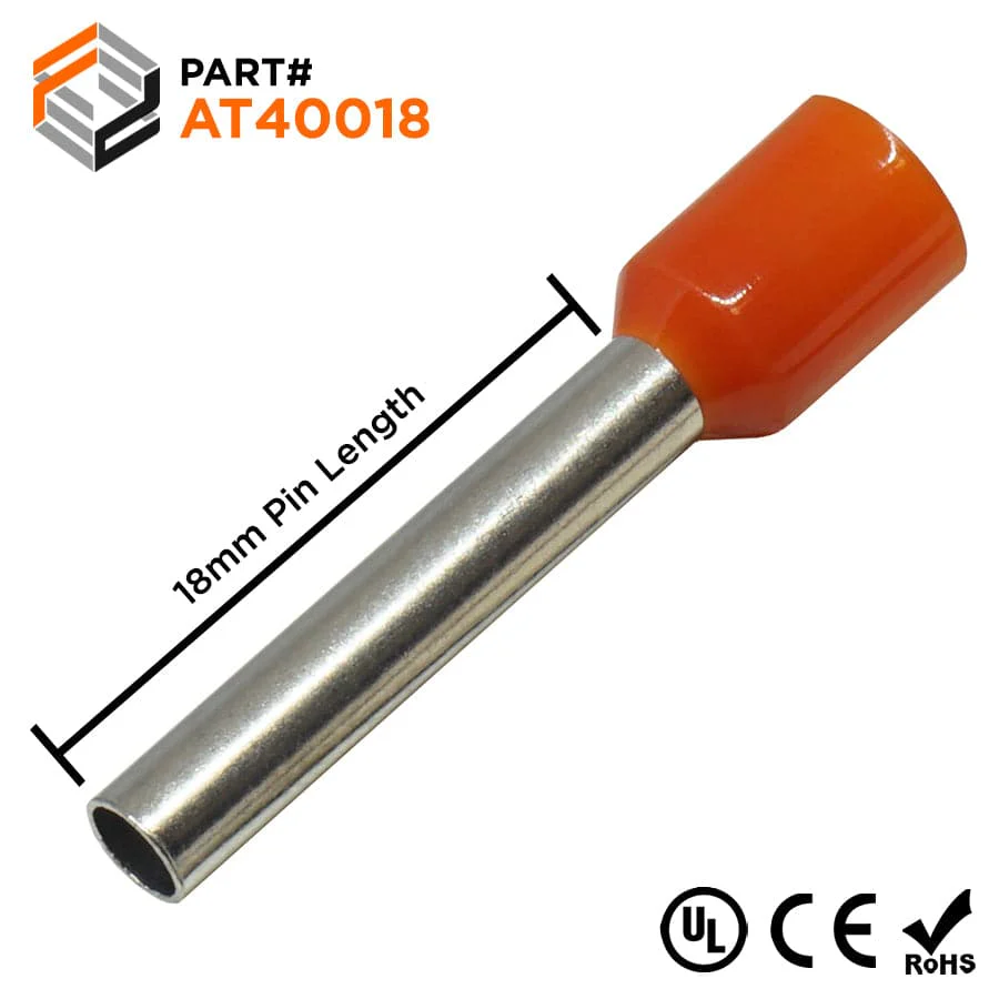 AT40018 - 12 AWG Insulated Wire Ferrules, 18mm Pin, Orange, UL Recognized, 500 Pieces