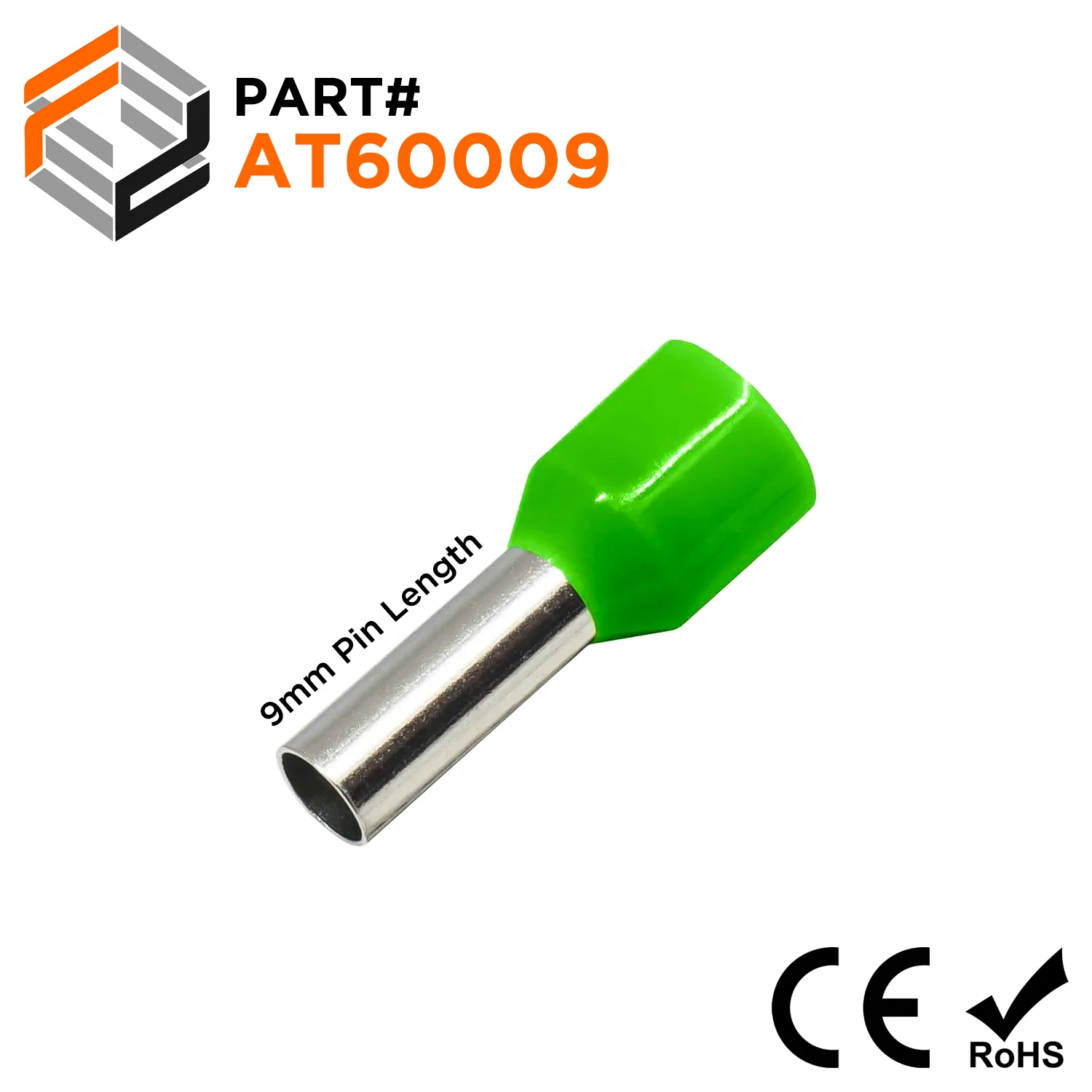 AT60009 - 10 AWG Insulated Wire Ferrules, 9mm Pin, Green, 100 pieces