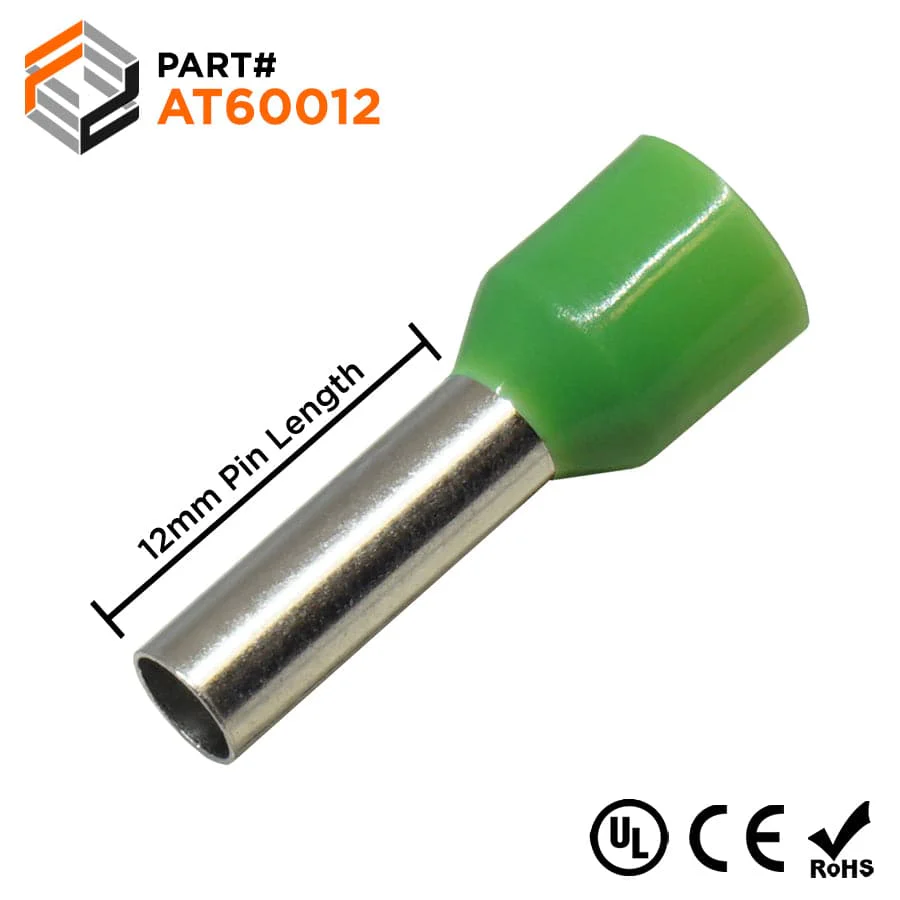 AT60012 - 10 AWG Insulated Wire Ferrules, 12mm Pin, Green, UL Recognized, 100 Pieces