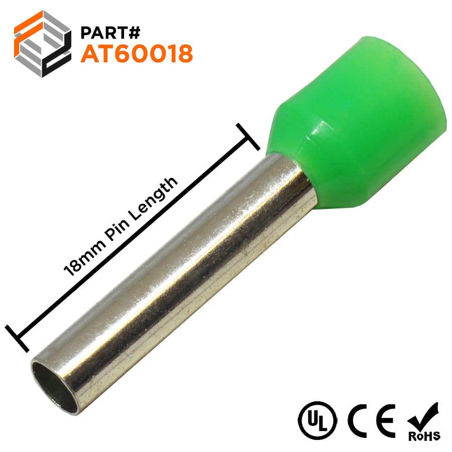AT60018 - 10 AWG Insulated Wire Ferrules, 18mm Pin, Green, UL Recognized, 100 Pieces
