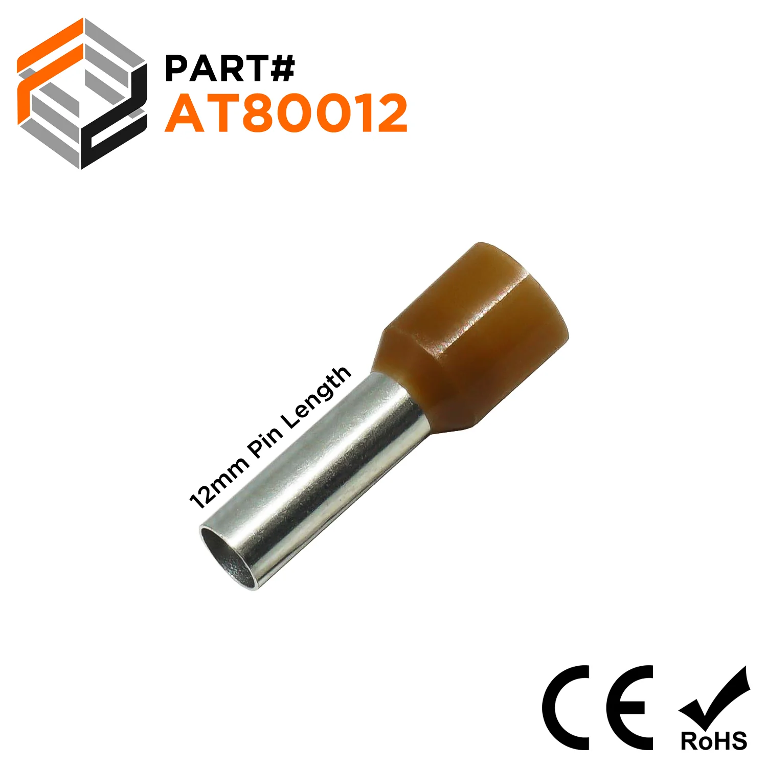 AT80012 - 8 AWG (Small Diameter) Insulated Wire Ferrules, 12mm Pin, Brown, 100 Pieces