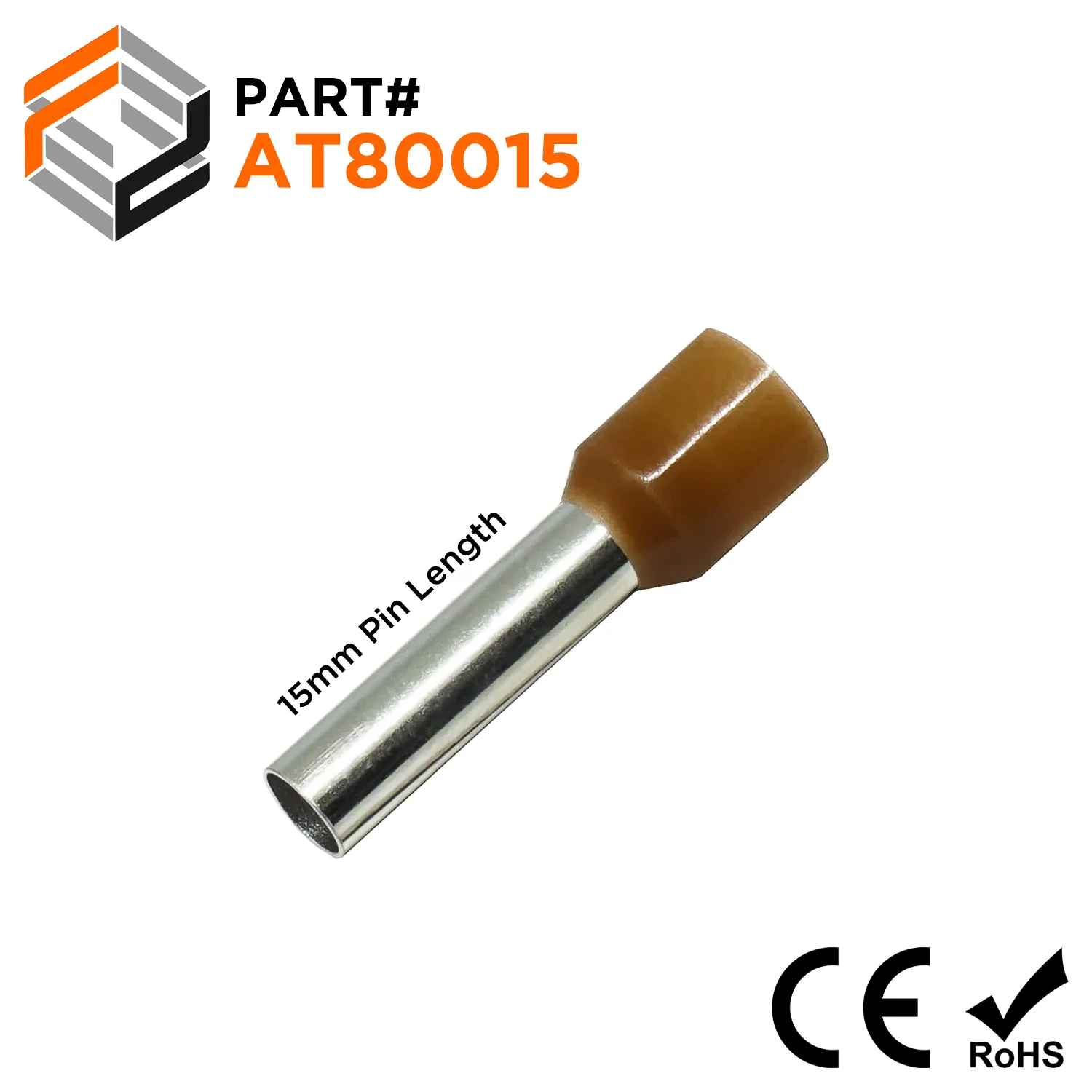 AT80015- 8 AWG (Small Diameter) Insulated Wire Ferrules, 15mm Pin, Brown, 100 Pieces