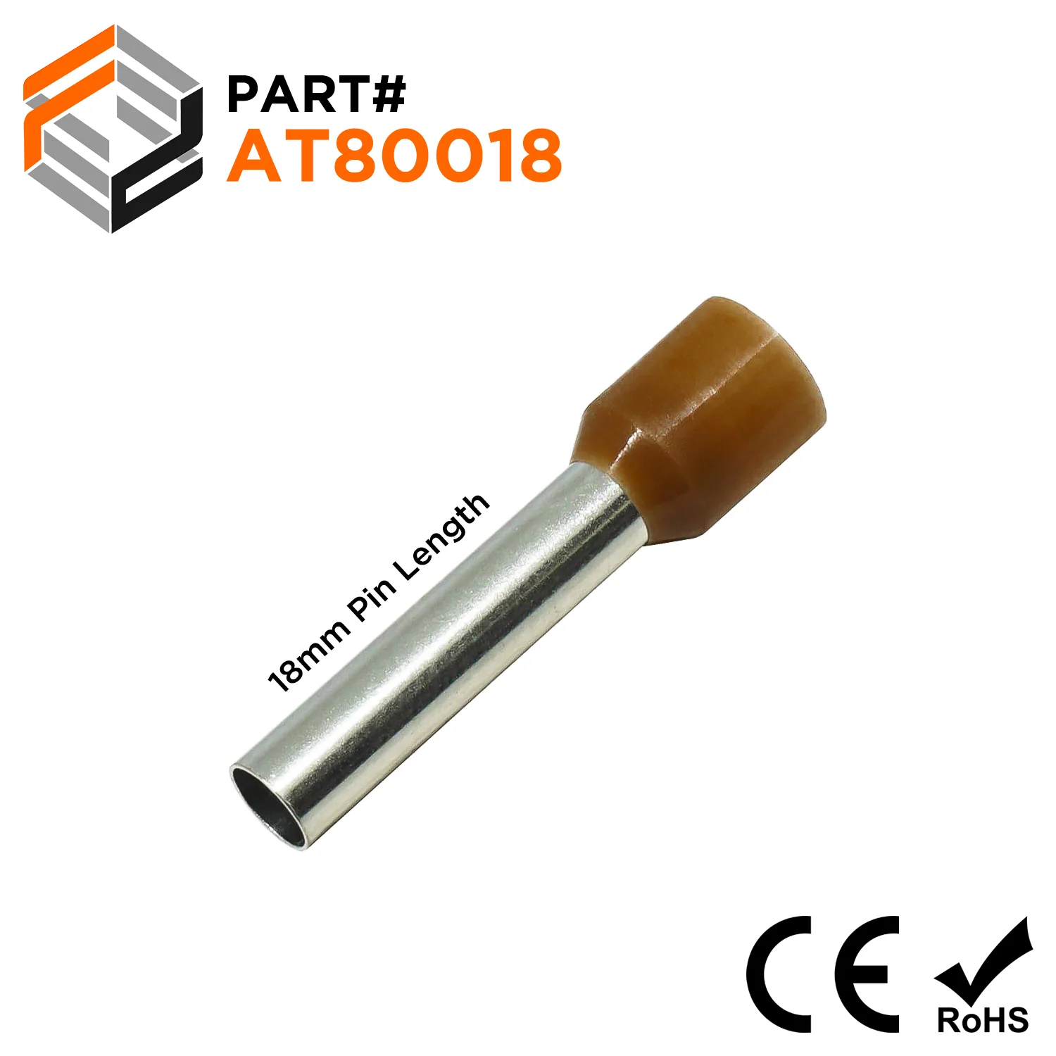AT80018 - 8 AWG (Small Diameter) Insulated Wire Ferrules, 18mm Pin, Brown, 100 Pieces